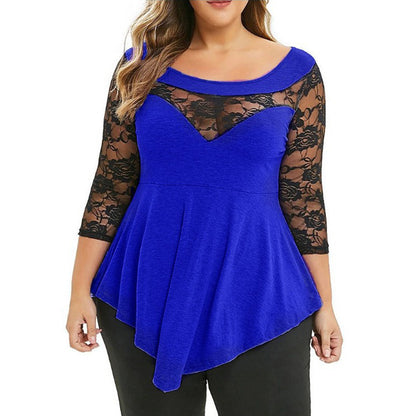 S-5XL Women Plus Size Casual Long Sleeve Lace Patchwork Irregular Hem Color Block Spring Top