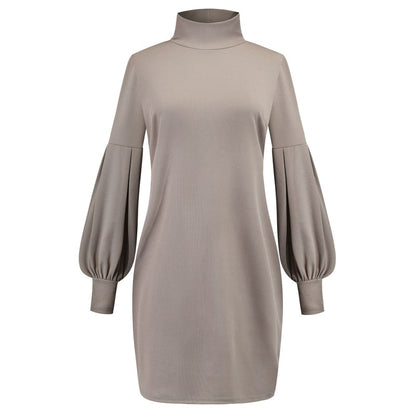 S-3XL Women Casual Communting Solid Color Long Lantern Sleeve Turtle Neck Rib-knit Winter Autumn Dress