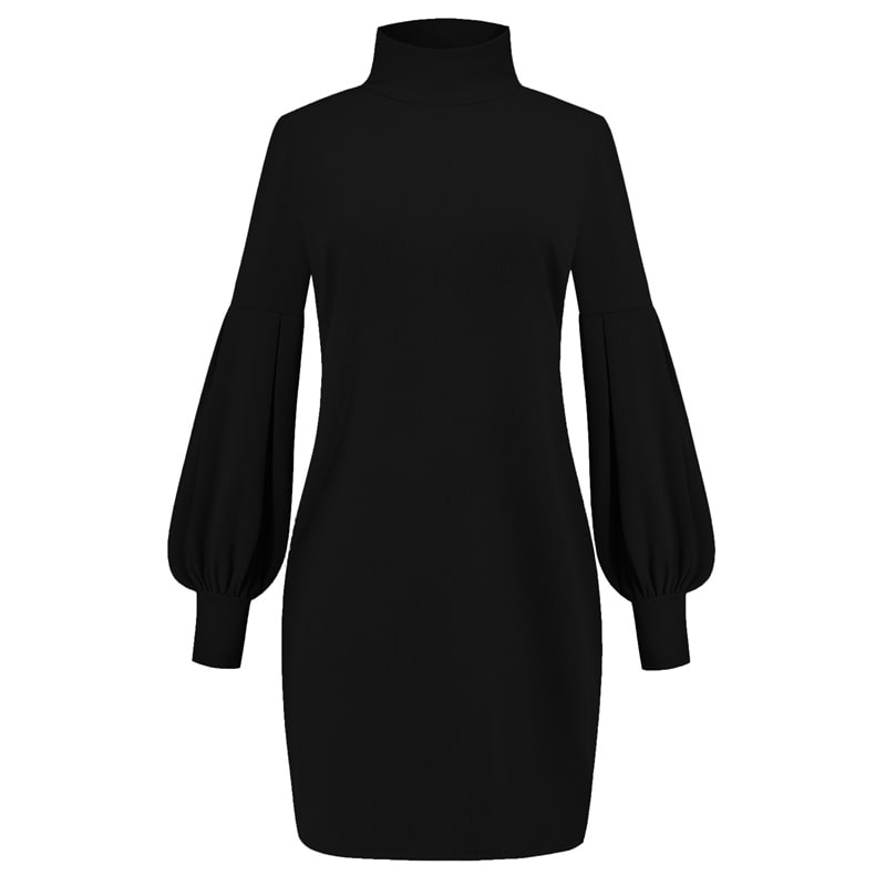 S-3XL Women Casual Communting Solid Color Long Lantern Sleeve Turtle Neck Rib-knit Winter Autumn Dress