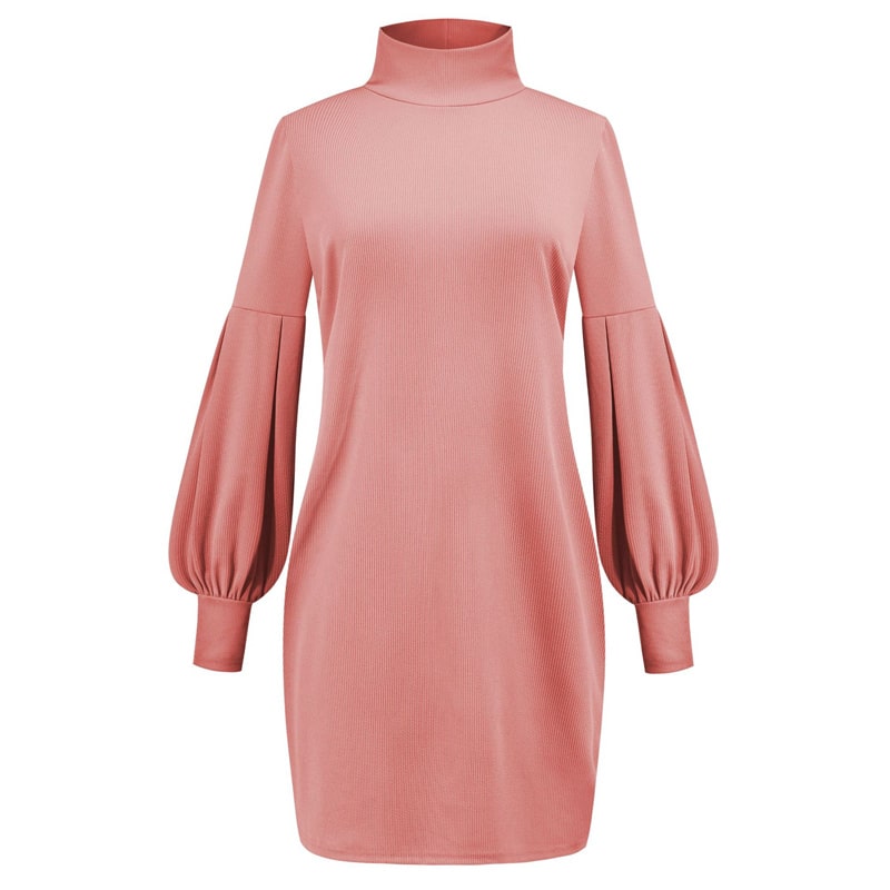 S-3XL Women Casual Communting Solid Color Long Lantern Sleeve Turtle Neck Rib-knit Winter Autumn Dress