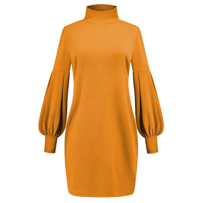 S-3XL Women Casual Communting Solid Color Long Lantern Sleeve Turtle Neck Rib-knit Winter Autumn Dress