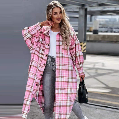 Abrigo informal elegante de manga larga con solapa a cuadros para mujer, tallas S-2XL