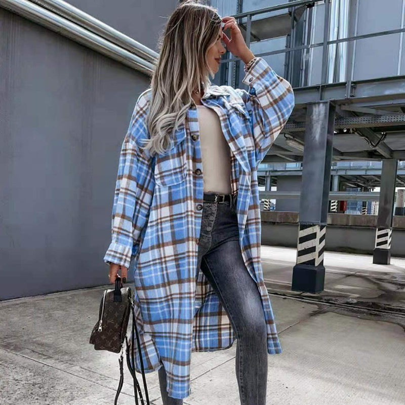 Abrigo informal elegante de manga larga con solapa a cuadros para mujer, tallas S-2XL