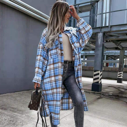 Abrigo informal elegante de manga larga con solapa a cuadros para mujer, tallas S-2XL
