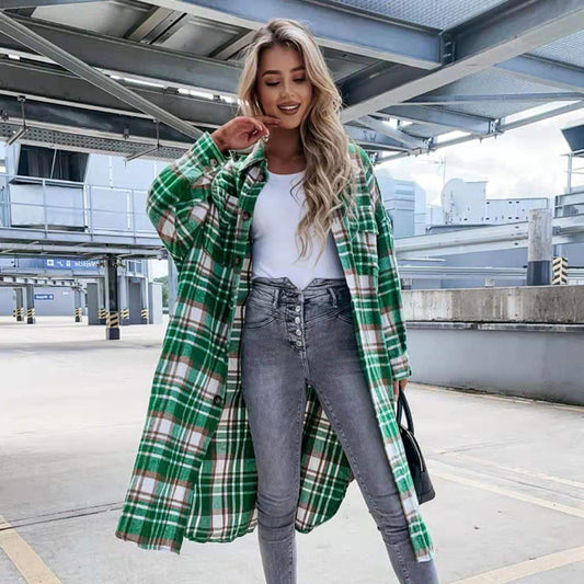 Abrigo informal elegante de manga larga con solapa a cuadros para mujer, tallas S-2XL