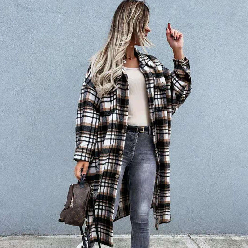 Abrigo informal elegante de manga larga con solapa a cuadros para mujer, tallas S-2XL