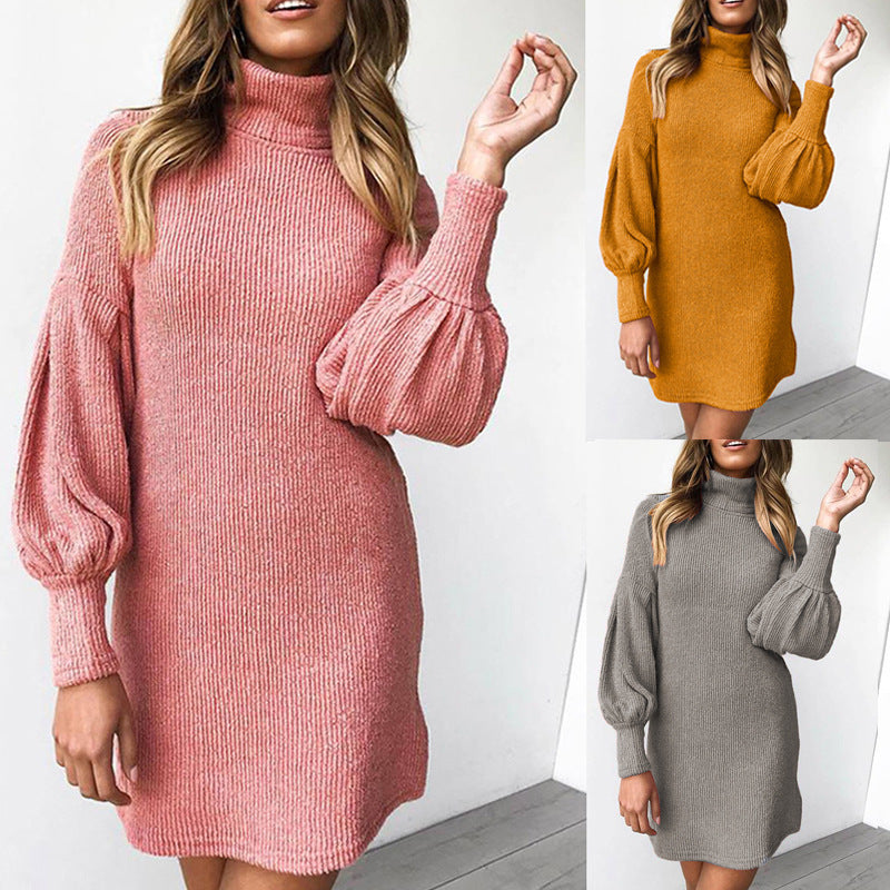 S-3XL Women Casual Communting Solid Color Long Lantern Sleeve Turtle Neck Rib-knit Winter Autumn Dress