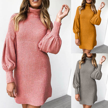S-3XL Women Casual Communting Solid Color Long Lantern Sleeve Turtle Neck Rib-knit Winter Autumn Dress