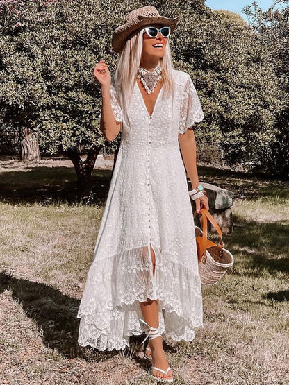 White Lace Maxi Boho Dress for Women - Embroidery Button Front Short Sleeves High Low Dress - Summer Beach Bridal Party Wear 2026