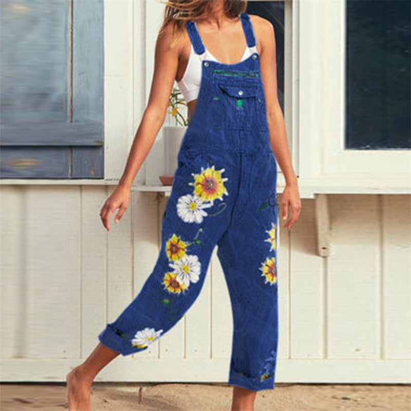 Women Casual Sweet Plus Size Floral Pattern Strappy Jeans