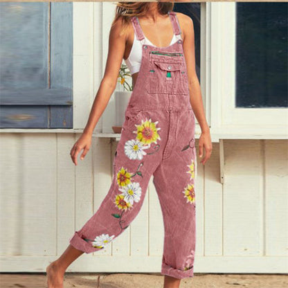 Women Casual Sweet Plus Size Floral Pattern Strappy Jeans