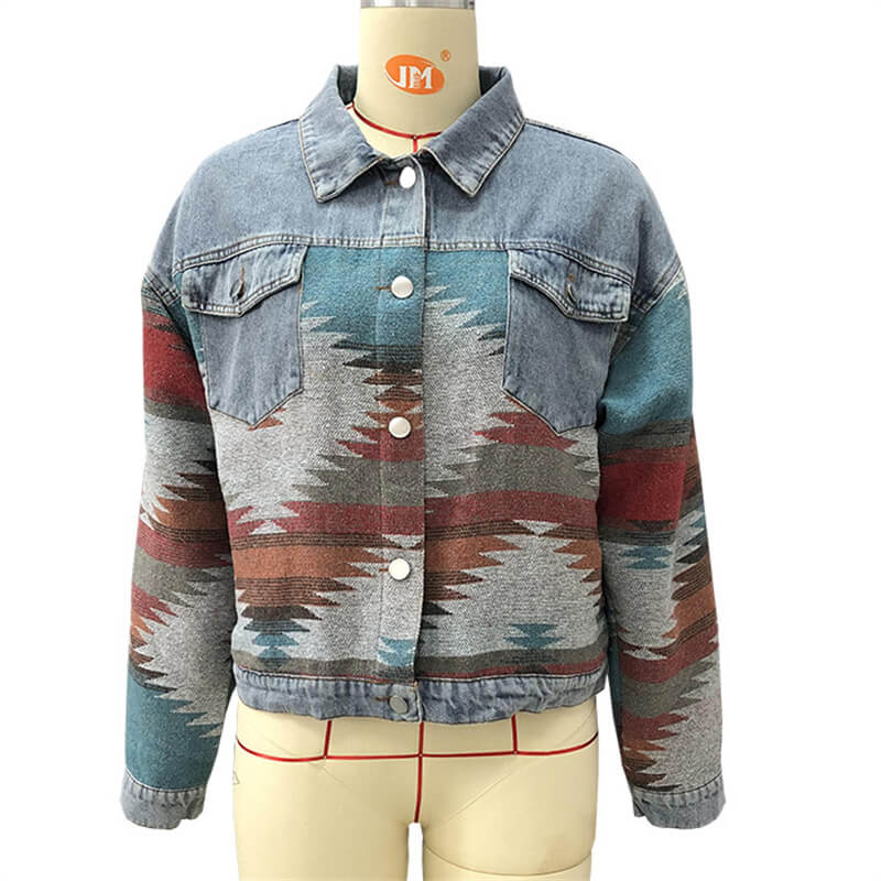 Chaqueta vaquera holgada informal de estilo bohemio vintage con diseño geométrico de retazos para mujer de SL