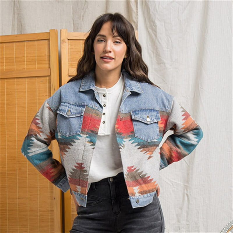 Chaqueta vaquera holgada informal de estilo bohemio vintage con diseño geométrico de retazos para mujer de SL