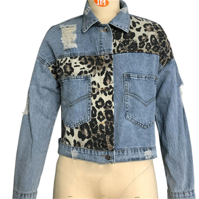 Chaqueta vaquera holgada informal de otoño con estampado de leopardo y retazos vintage para mujer tallas S-XL