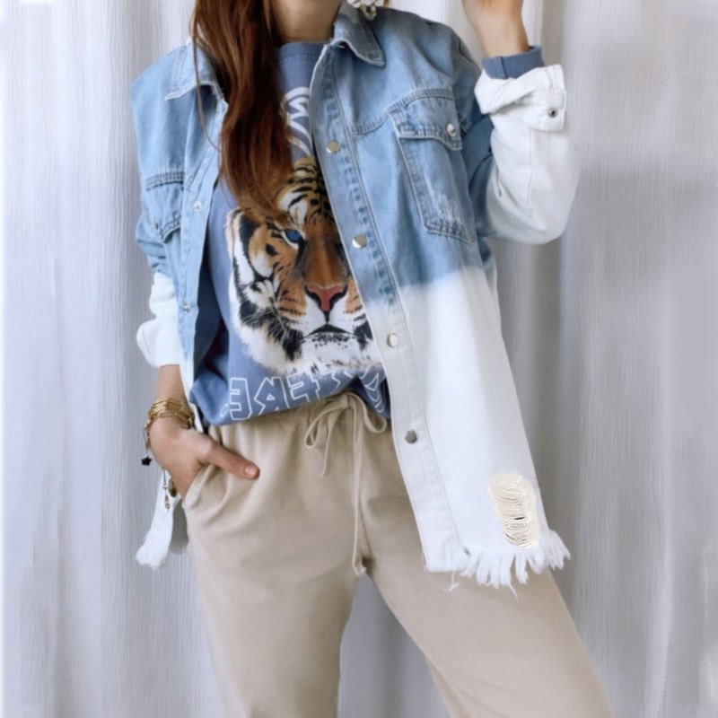 Chaqueta vaquera holgada informal con dobladillo sin rematar, con rotos y diseño creativo para mujer tallas S-XL