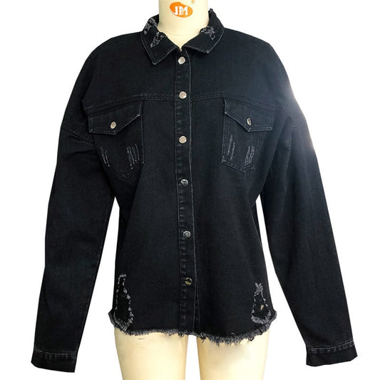 Chaqueta vaquera holgada informal con dobladillo sin rematar, con rotos y diseño creativo para mujer tallas S-XL