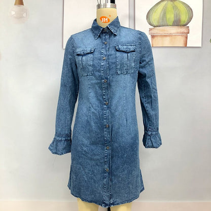 S-XL Women Sexy Autumn Casual Solid Color Lapel Single-breasted Long Sleeve Denim Dress