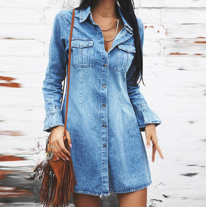 S-XL Women Sexy Autumn Casual Solid Color Lapel Single-breasted Long Sleeve Denim Dress