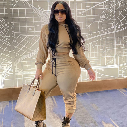 S-3XL Athleisure Women Casual Solid Color Drawstring Long Sleeve Crop Hoodie And Pants Two-piece Set