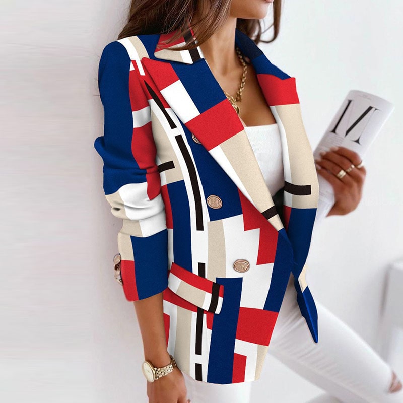 S-3XL Women Casual Color Blocking Lapel Grapihic Printing Long-sleeve Double Breasted Blazer
