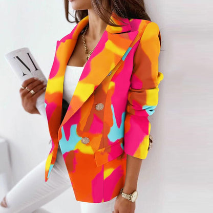 S-3XL Women Casual Color Blocking Lapel Grapihic Printing Long-sleeve Double Breasted Blazer