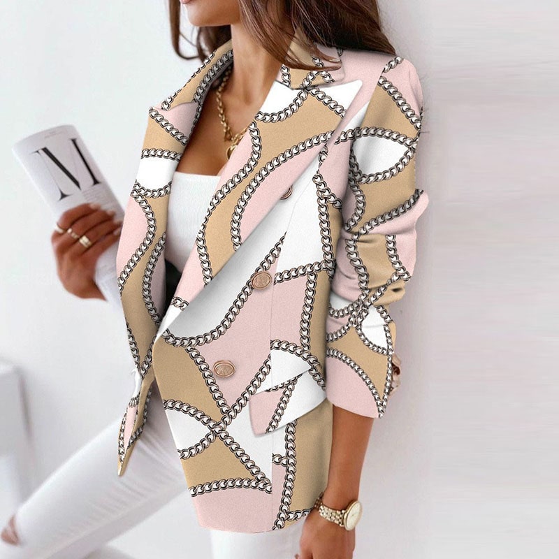 S-3XL Women Casual Color Blocking Lapel Grapihic Printing Long-sleeve Double Breasted Blazer