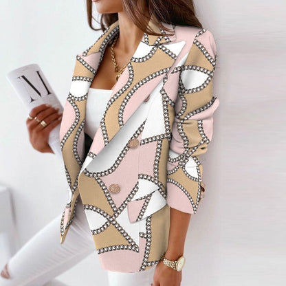 S-3XL Women Casual Color Blocking Lapel Grapihic Printing Long-sleeve Double Breasted Blazer