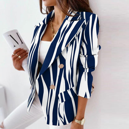 S-3XL Women Casual Color Blocking Lapel Grapihic Printing Long-sleeve Double Breasted Blazer