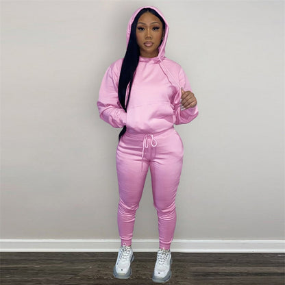 Conjunto de dos piezas para mujer, estilo casual deportivo, con capucha y pantalones deportivos, forrados en polar, de color liso, tallas S-2XL
