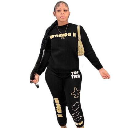 Conjunto de dos piezas de top y pantalón con cuello redondo y estampado de letras para mujer, tallas S-2XL