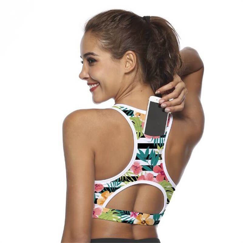 Sujetador deportivo informal sin mangas con diseño de bolsillo trasero a rayas y estampado floral recortado para mujer tallas S-XL