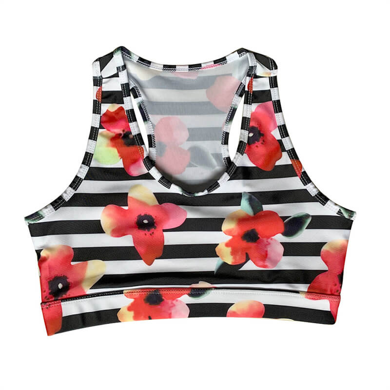 Sujetador deportivo informal sin mangas con diseño de bolsillo trasero a rayas y estampado floral recortado para mujer tallas S-XL