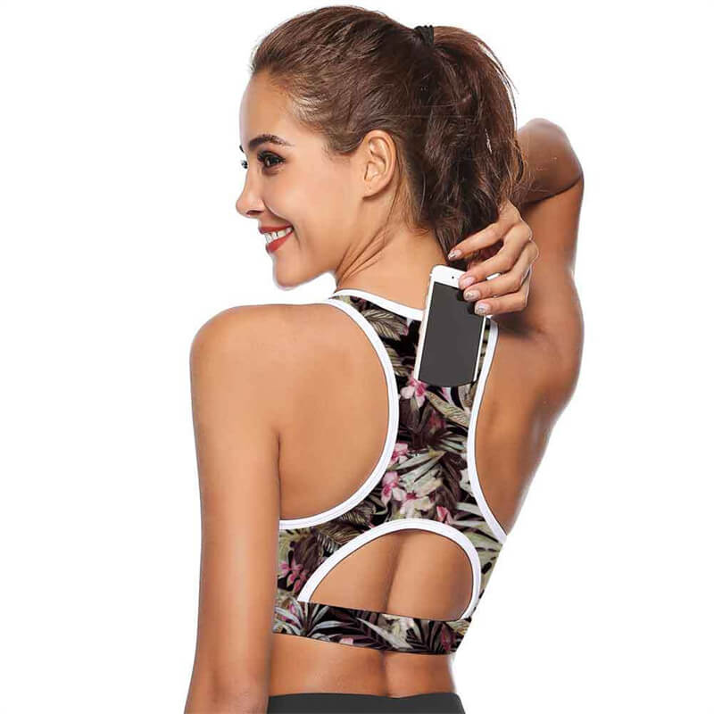 Sujetador deportivo informal sin mangas con diseño de bolsillo trasero a rayas y estampado floral recortado para mujer tallas S-XL