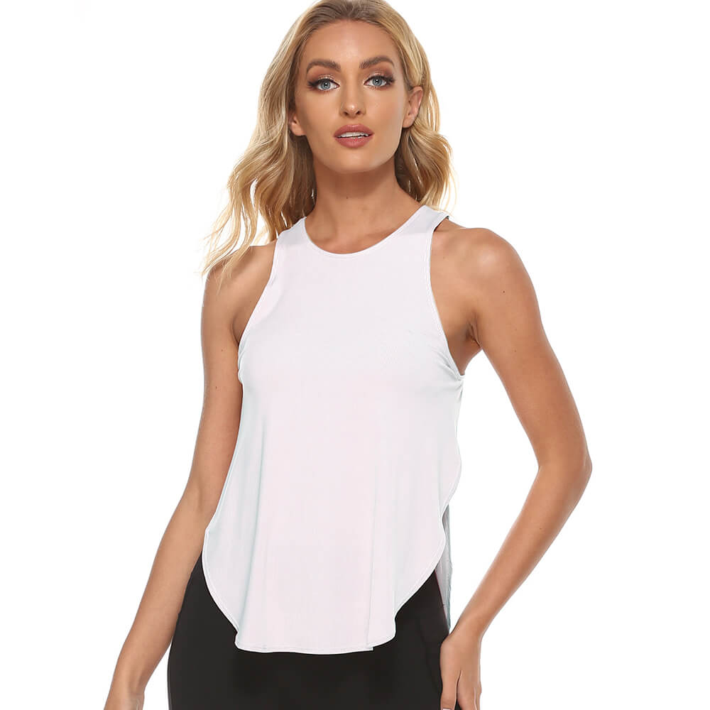 S-XL Women Casual Basic Loose Solid Color Sleeveless Side-slit Round Neck Sport Top