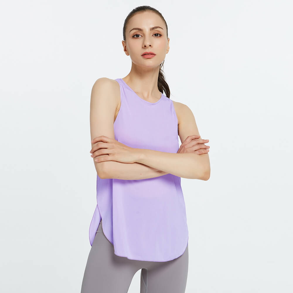 S-XL Women Casual Basic Loose Solid Color Sleeveless Side-slit Round Neck Sport Top