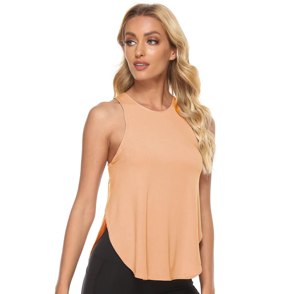 S-XL Women Casual Basic Loose Solid Color Sleeveless Side-slit Round Neck Sport Top
