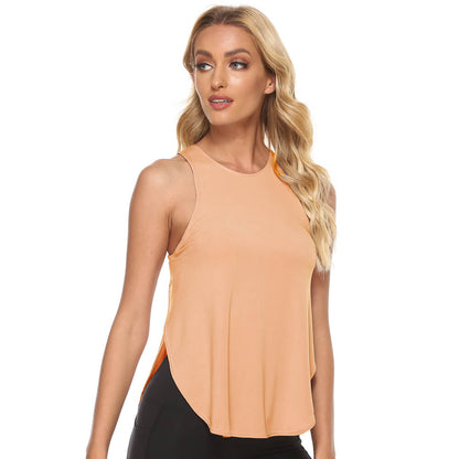 S-XL Women Casual Basic Loose Solid Color Sleeveless Side-slit Round Neck Sport Top