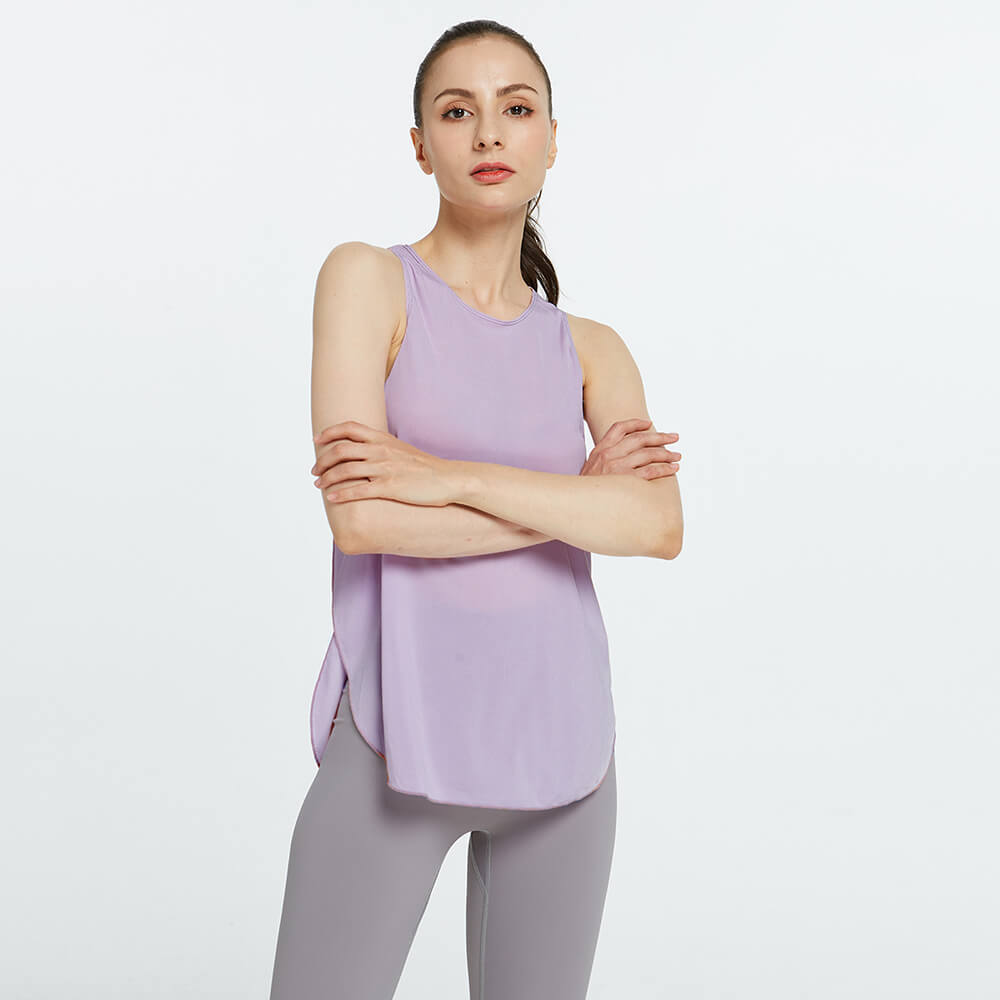 S-XL Women Casual Basic Loose Solid Color Sleeveless Side-slit Round Neck Sport Top