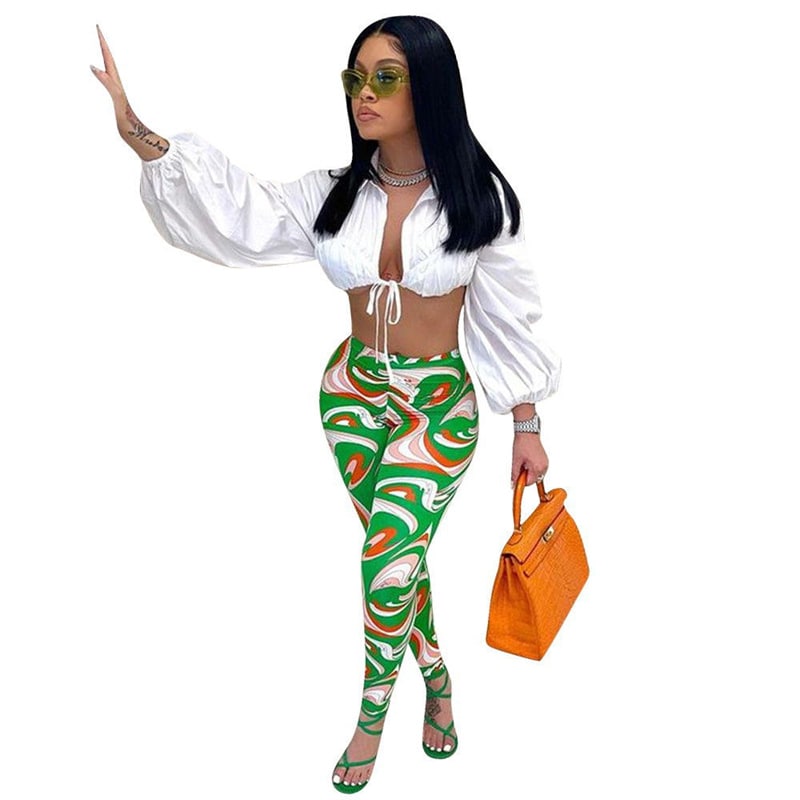 S-2XL Women Casual Lapel Puff Sleeve Drawstring Solid Color Crop Top And All Over Printed Pants Two Piece Set