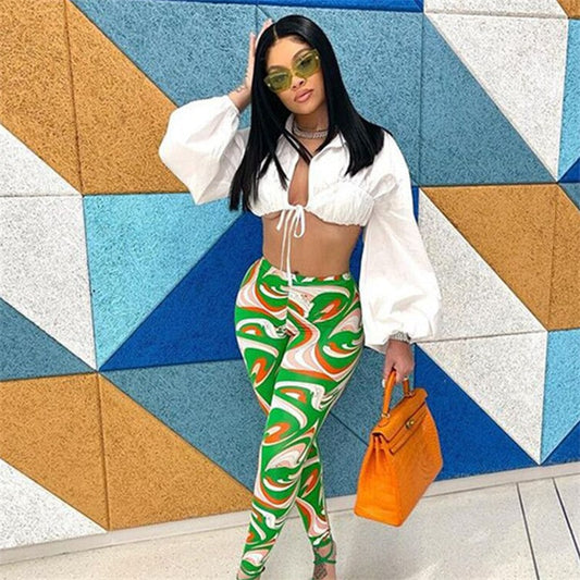 S-2XL Women Casual Lapel Puff Sleeve Drawstring Solid Color Crop Top And All Over Printed Pants Two Piece Set