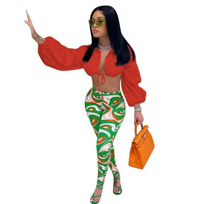 S-2XL Women Casual Lapel Puff Sleeve Drawstring Solid Color Crop Top And All Over Printed Pants Two Piece Set