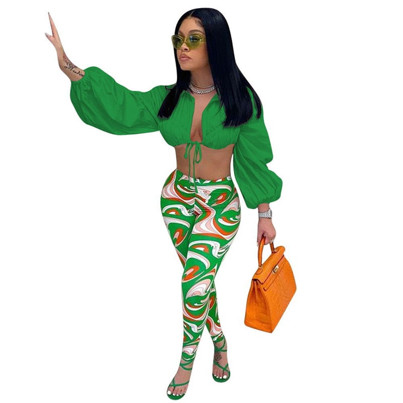 S-2XL Women Casual Lapel Puff Sleeve Drawstring Solid Color Crop Top And All Over Printed Pants Two Piece Set