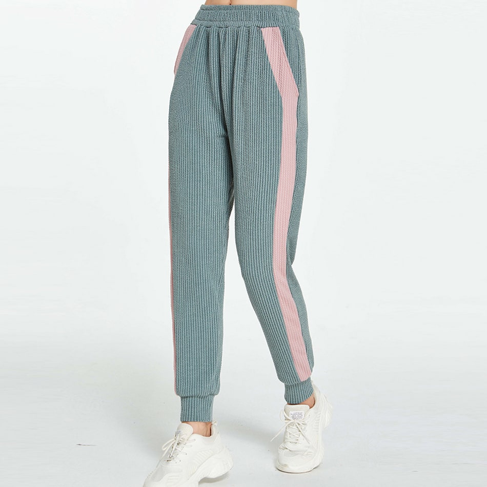S-XL Women Casual Color Blocking Striped Pocket Sport Jogger Pants