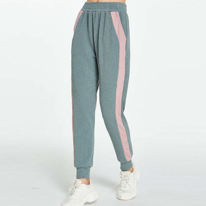 S-XL Women Casual Color Blocking Striped Pocket Sport Jogger Pants