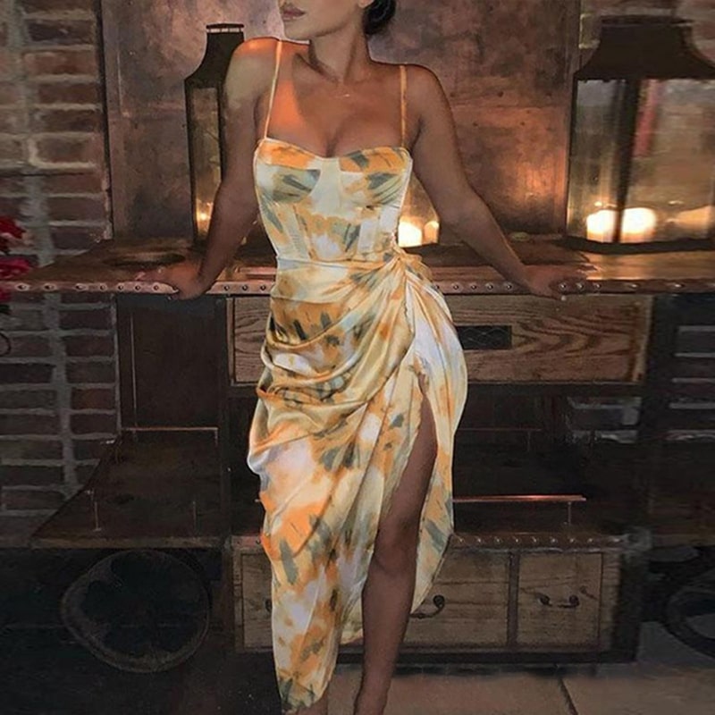 S-3XL Women Casual All Over Print Sleeveless Side-slit Irregular Slip Dress