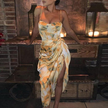 S-3XL Women Casual All Over Print Sleeveless Side-slit Irregular Slip Dress
