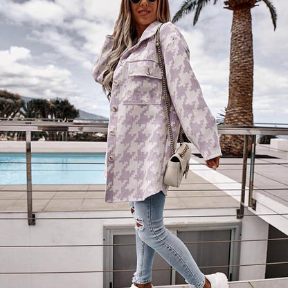 S-3XL Women Casual Winter Autumn Long-sleeve Lapel Houndstooth Pattern Single Breasted Design Loose Shacket