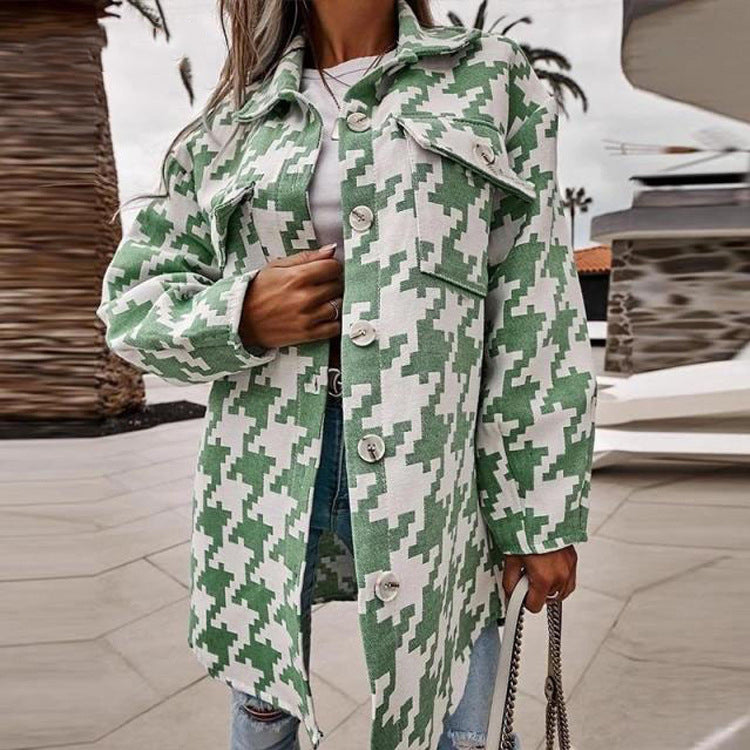 S-3XL Women Casual Winter Autumn Long-sleeve Lapel Houndstooth Pattern Single Breasted Design Loose Shacket