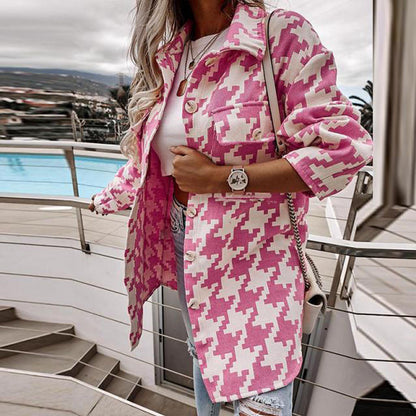 S-3XL Women Casual Winter Autumn Long-sleeve Lapel Houndstooth Pattern Single Breasted Design Loose Shacket