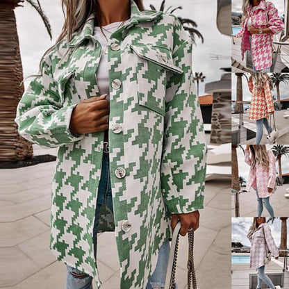 S-3XL Women Casual Winter Autumn Long-sleeve Lapel Houndstooth Pattern Single Breasted Design Loose Shacket
